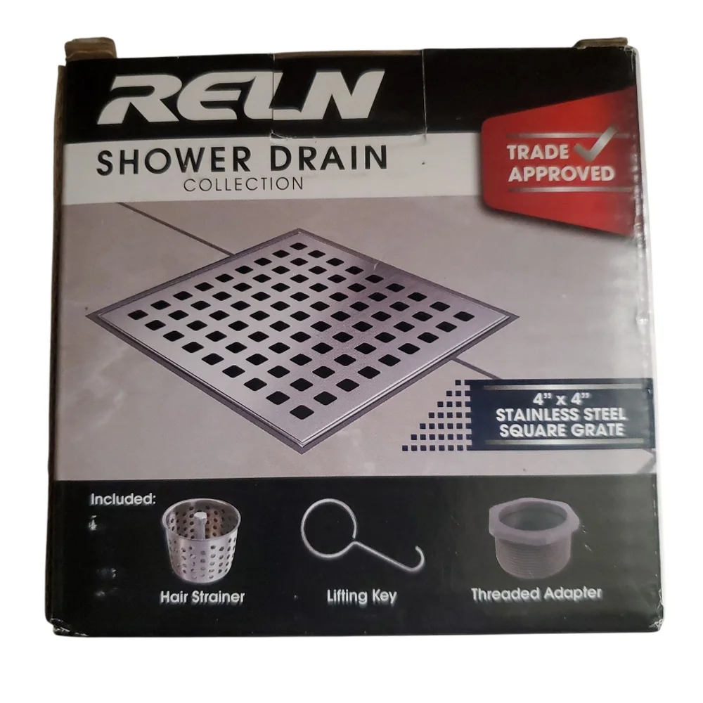 Reln 4x4 Shower Drain with Square Stainless Steel Grate NIB
